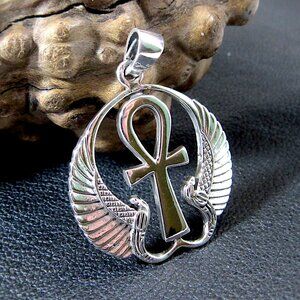 Solid 925 Sterling Silver Egyptian Ankh & Goddess Isis Wings Protection Pendant